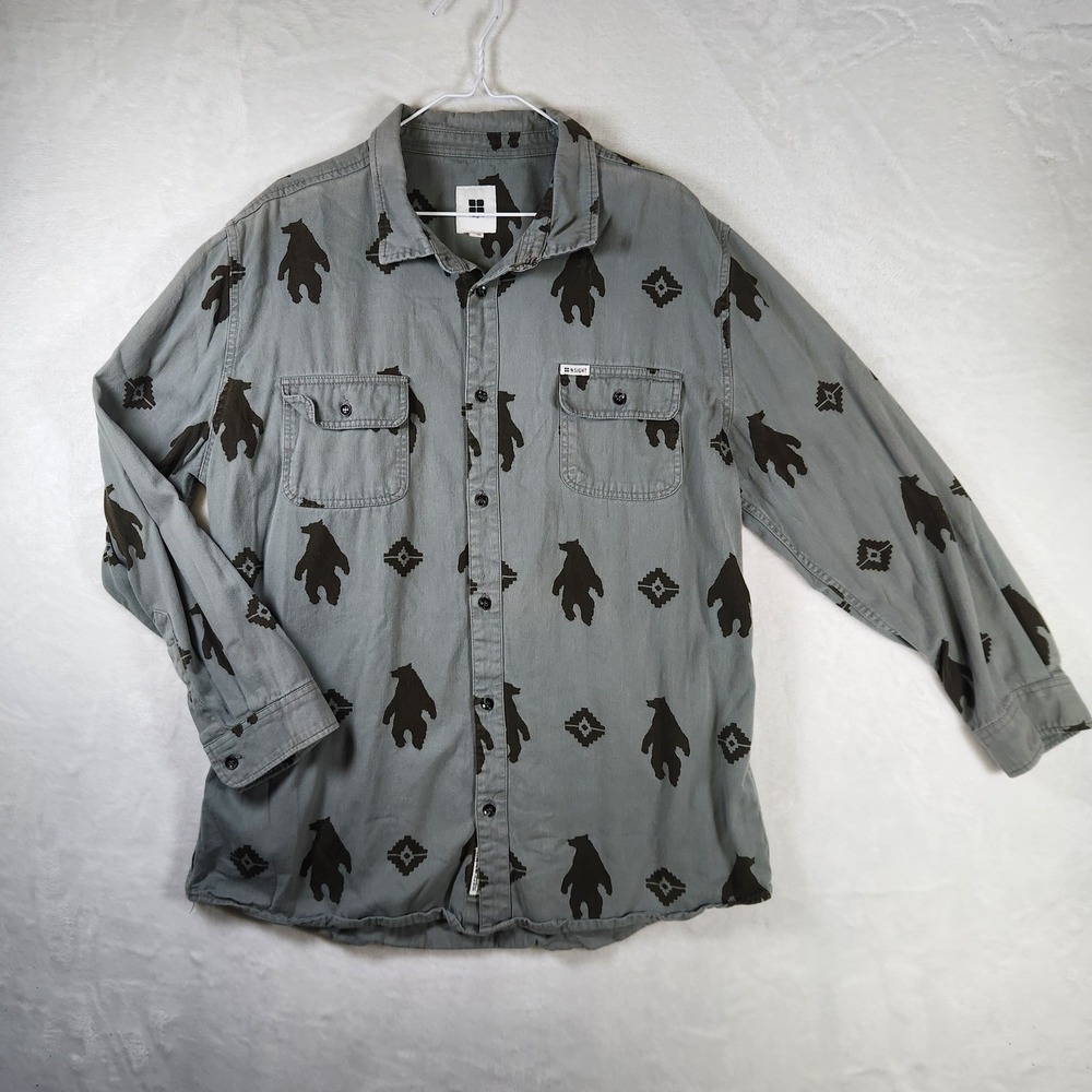 Insight Button Up Shirt XXL Gray Bear Print Long Sleeve‎ Menswear